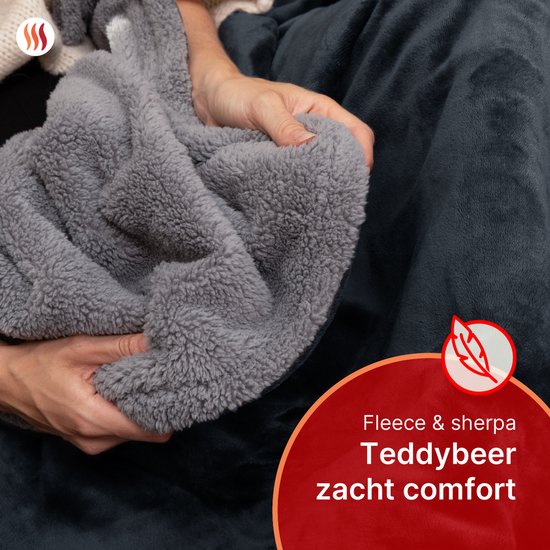 Seranova Elektrische Deken XXL - 180x160 cm - 2 persoons Bovendeken - Warmtedeken - Dubbelzijdig - Fleece Sherpa - Antraciet Grijs