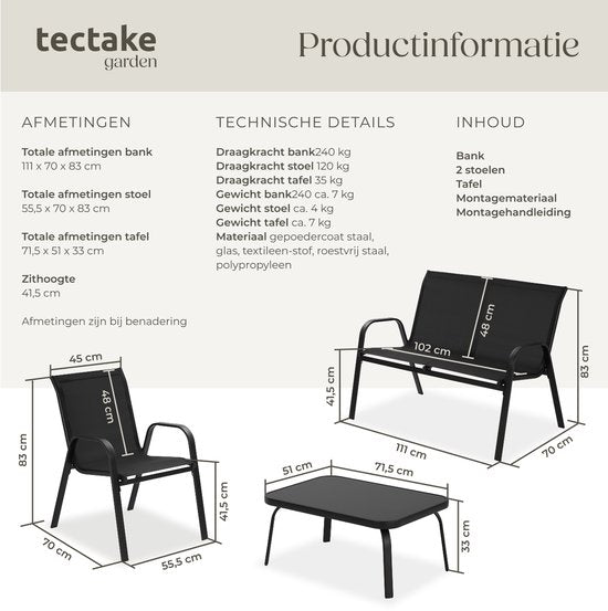 tectake® Tuinset Nora - Moderne Zitgroep voor 4 Personen - Loungeset met Tuinbank en 2 Tuinstoelen van Ademend, Waterafstotend Textileen-Weefsel - Balkonset Met Bijzettafel - Zwart