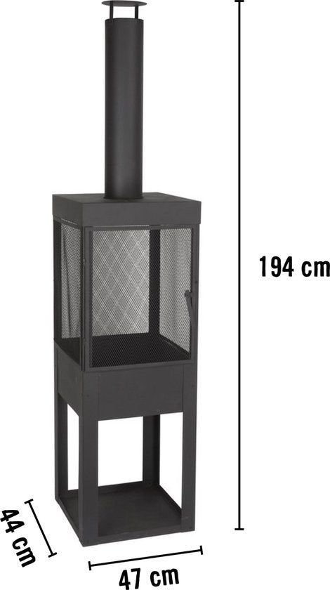BBQ Collection Tuinhaard met Schoorsteen - Houtopslag - 194 x 44 x 47 cm - Carbon Staal - Zwart