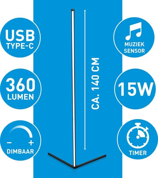 Grundig LED Staande Lamp - Vloerlamp 140cm - Dimbaar RGBW en Wit Licht - Incl. Afstandsbediening en Muziek Sensor