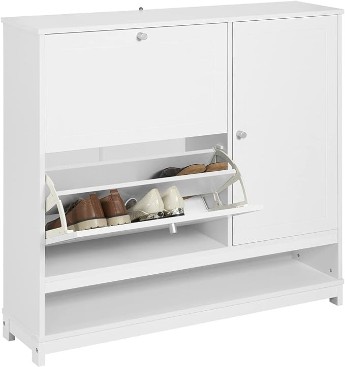 SoBuy FSR114-W Schoenenrek met 2 kleppen, 1 open vak en 1 deur schoenenkast smal schoenenrek wit BHT ca.: 102x96x24cm