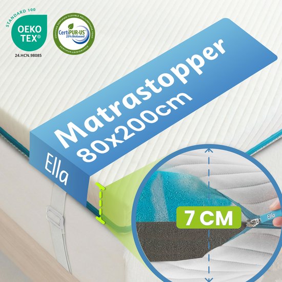 Ella Topper Matras 80x200 cm - 7CM Topdekmatras - Matrastopper Gel Infused Traagschuim & Aircell-schuim - Medium Hardheid