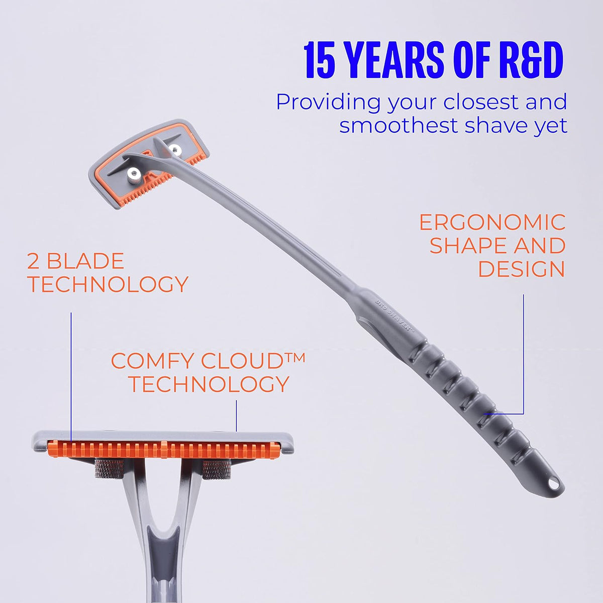 BRO SHAVER 2.2 Rugscheerapparaat voor heren – 43 cm, roestvrij staal, 2 scheerinstellingen, geschikt voor universele dubbele mesjes, grijs