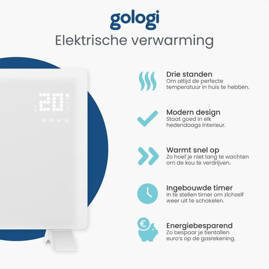 Gologi Elektrische Kachel - Verwarming elektrisch - Convectorkachel met thermostaat - Werkt via App en touch bediening - Tot 25m2 - 2000W Heater - Wit