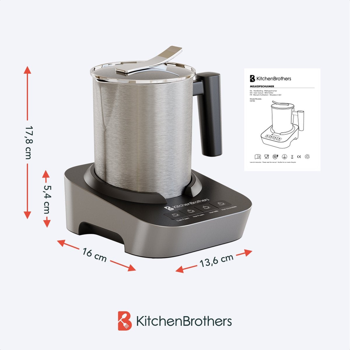 KitchenBrothers - Elektrische melkopschuimer - Vaatwasmachinebestendig - 4-in-1 - 400 ML - Roestvrij staal/zwart