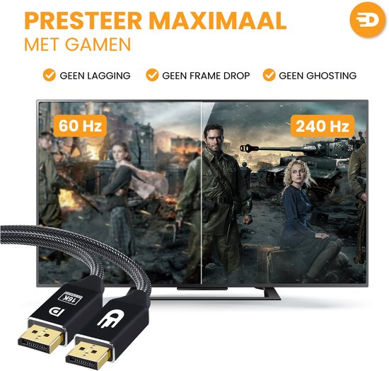 Drivv. DisplayPort Kabel 2.1 - 16K 60Hz 8K 120Hz 4K 144Hz - 80Gbps - DisplayPort naar DisplayPort - DP Kabel - 2 meter - Zwart