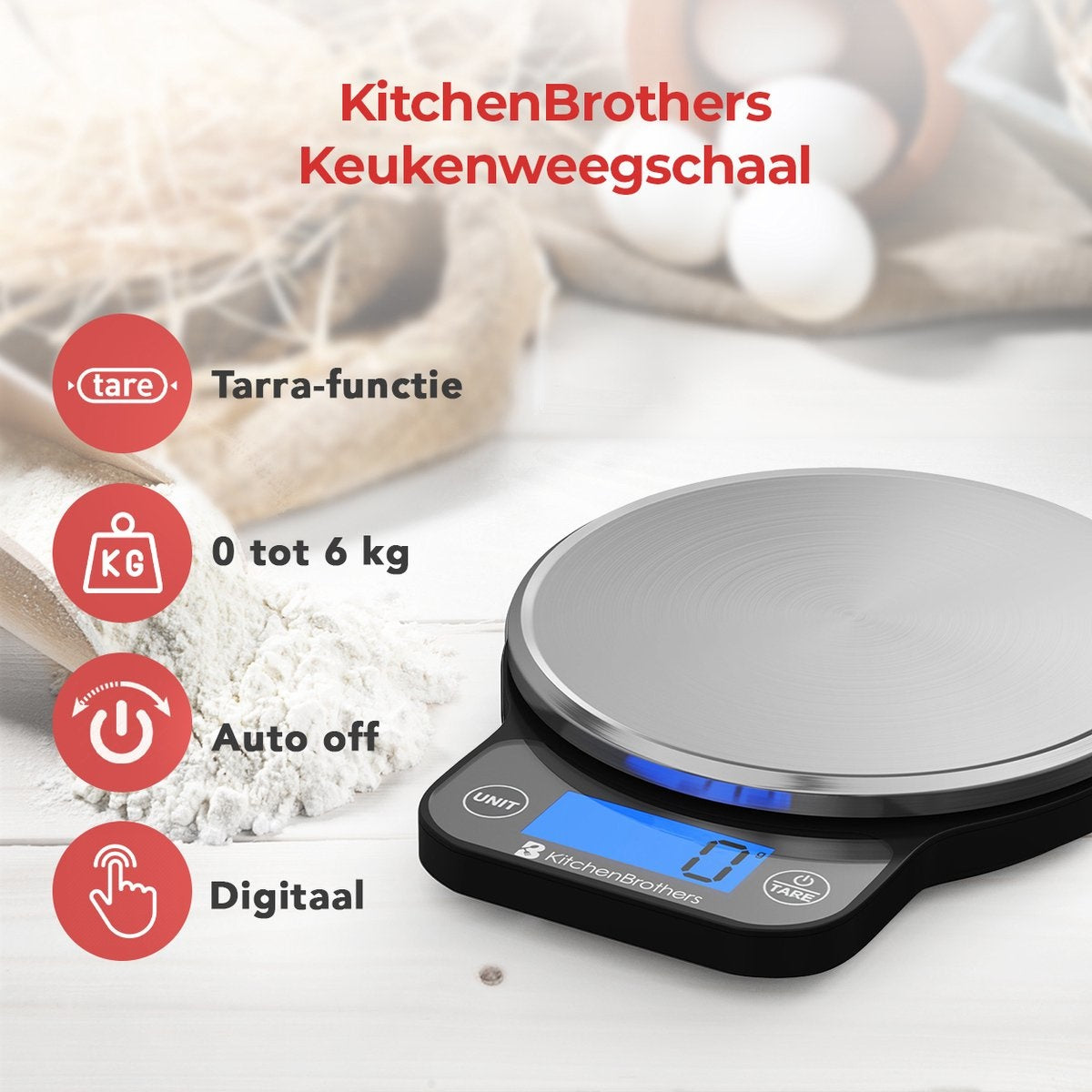 KitchenBrothers Keukenweegschaal - Weegschaal Keuken Digitaal - 1 g tot 6 kg - Tarra Functie - Inclusief Batterijen - RVS/Zwart