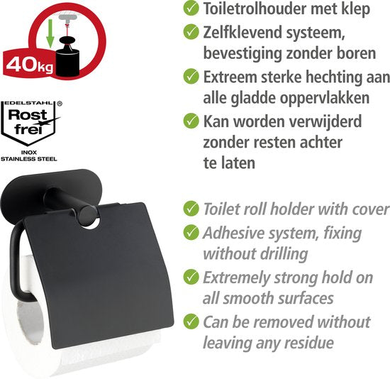WENKO Turbo-Loc® Toiletrolhouder met klep Orea RVS zwart mat - Toiletpapier houder - WC Rolhouder - Bevestigen zonder boren - Zelfklevend - 10 jaar garantie