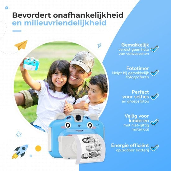 AyeKids Instant Print Kindercamera - Thermische Mini Printer - Fotoprinter - Inclusief 3 rollen & 12 Kleur Stiften - Blauw