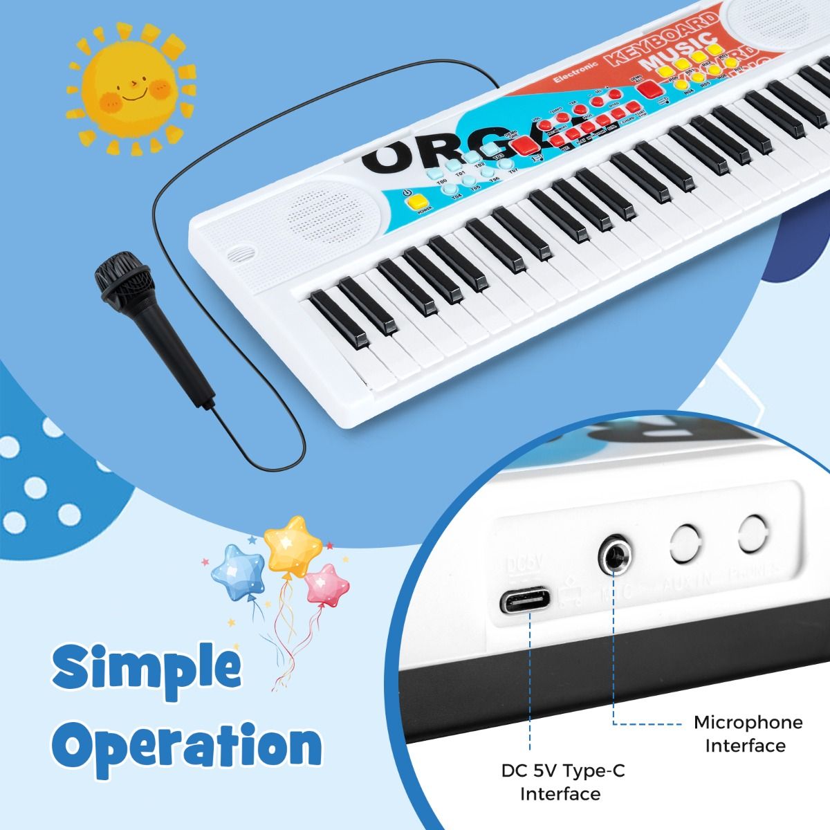 Coast Kinderkeyboard - 49 toetsen - draagbaar elektrisch keyboard - 8 ritmes - wit