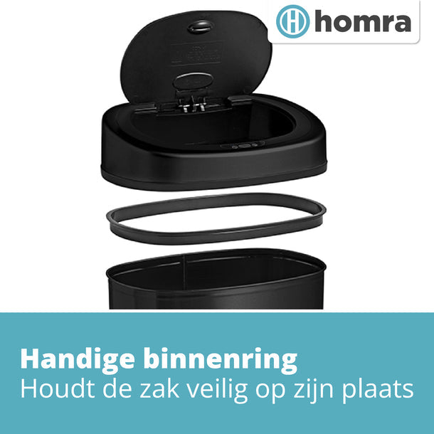 Homra Fonix Sensor Prullenbak 50L – Automatisch Deksel – Zwart RVS