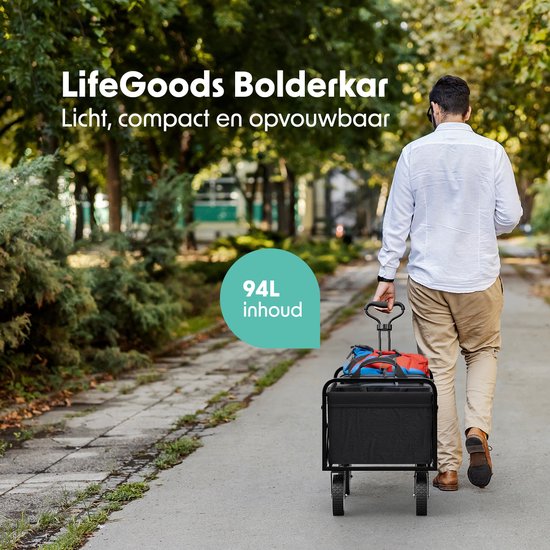 LifeGoods Bolderkar Opvouwbaar - 94L - 70KG Draagkracht - 90x50x58CM - Draaibare wielen - Inklapbare Bolderwagen met Wasbare Hoes - Zwart