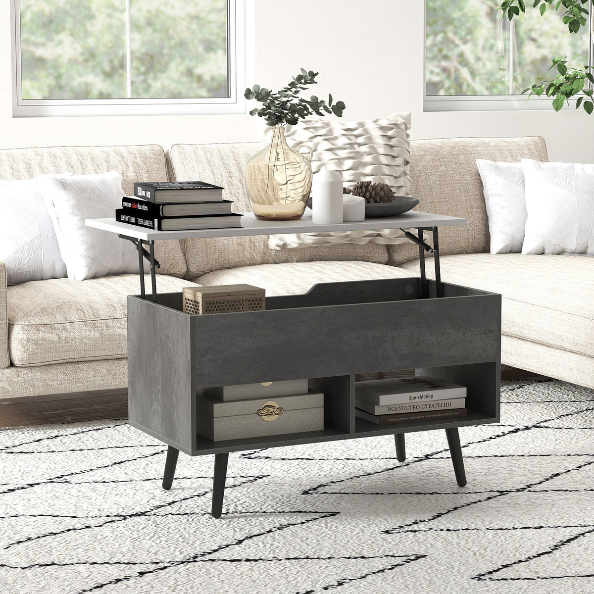 Coast Lift Top Salontafel Grijs 80x40x46 cm - Mid Century Modern met Opbergruimte