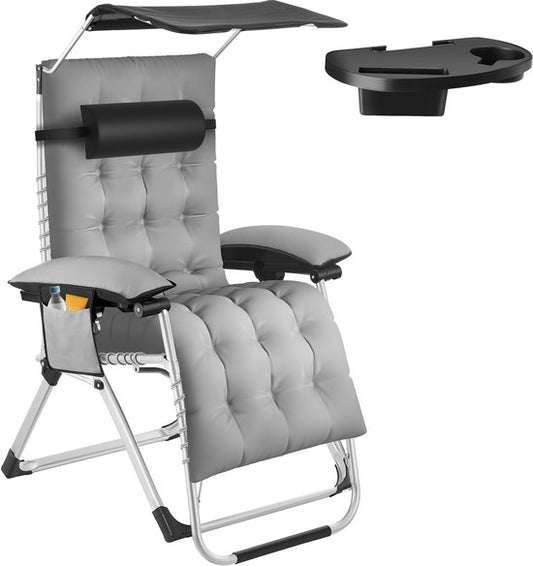 tectake® Opvouwbare Ligstoel Cloud met Zonnescherm - Tuinstoel met Tafeltje - Bekerhouder - Traploos Verstelbaar - Voor Balkon, Camping of Tuin - Relaxstoel met extra dik Kussen - Strandstoel - Ligbed - Div. kleuren - Grijs
