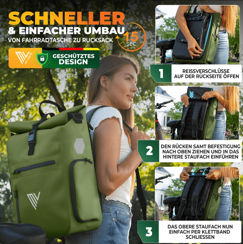 MiVelo EVO Fietstas Rugzak - 25 L - 100% Waterdicht - 3-in-1 - Laptopvak - 60 x 30 x 15 cm