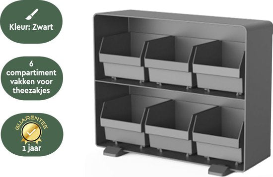 BRASQ Thee Organizer Zwart TB100 - Theedoos 6 vaks - keukenorganizer - Theedoos - Theezakjeshouder - Ruimtebesparend Opbergsysteem