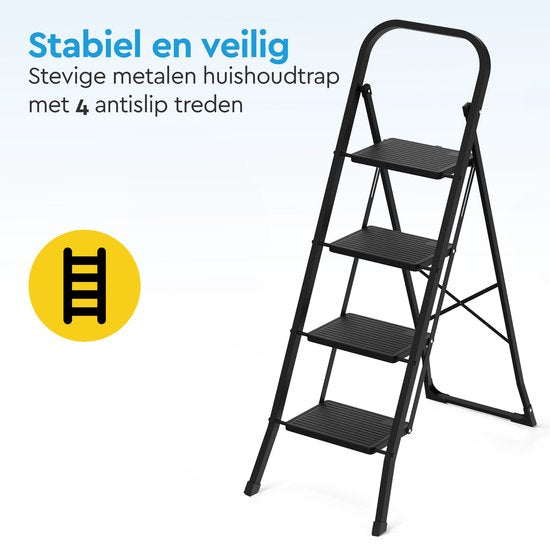 BRASQ Huishoudtrap 4-treden Zwart - keukentrap inklapbaar metaal voor Particulier en professioneel gebruik - Trap Ladder - Anti slip