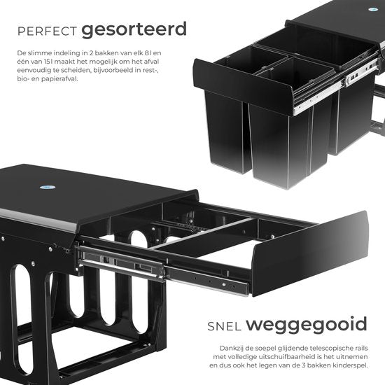 tectake® Afvalverzamelaar - Inbouw vuilnisbak - Meervoudige afvalscheiding - Efficiënte opruimoplossing voor keuken en kantoor - Driedubbele prullenbak met telescooprails - 2x 8L + 1x 15L