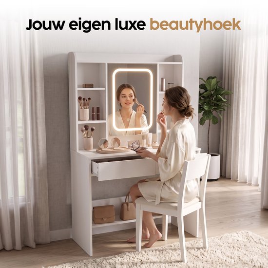 Infinity Goods Kaptafel met LED Spiegel - Make Up Tafel - Extra Veel Opbergruimte - Dimbaar - Wit