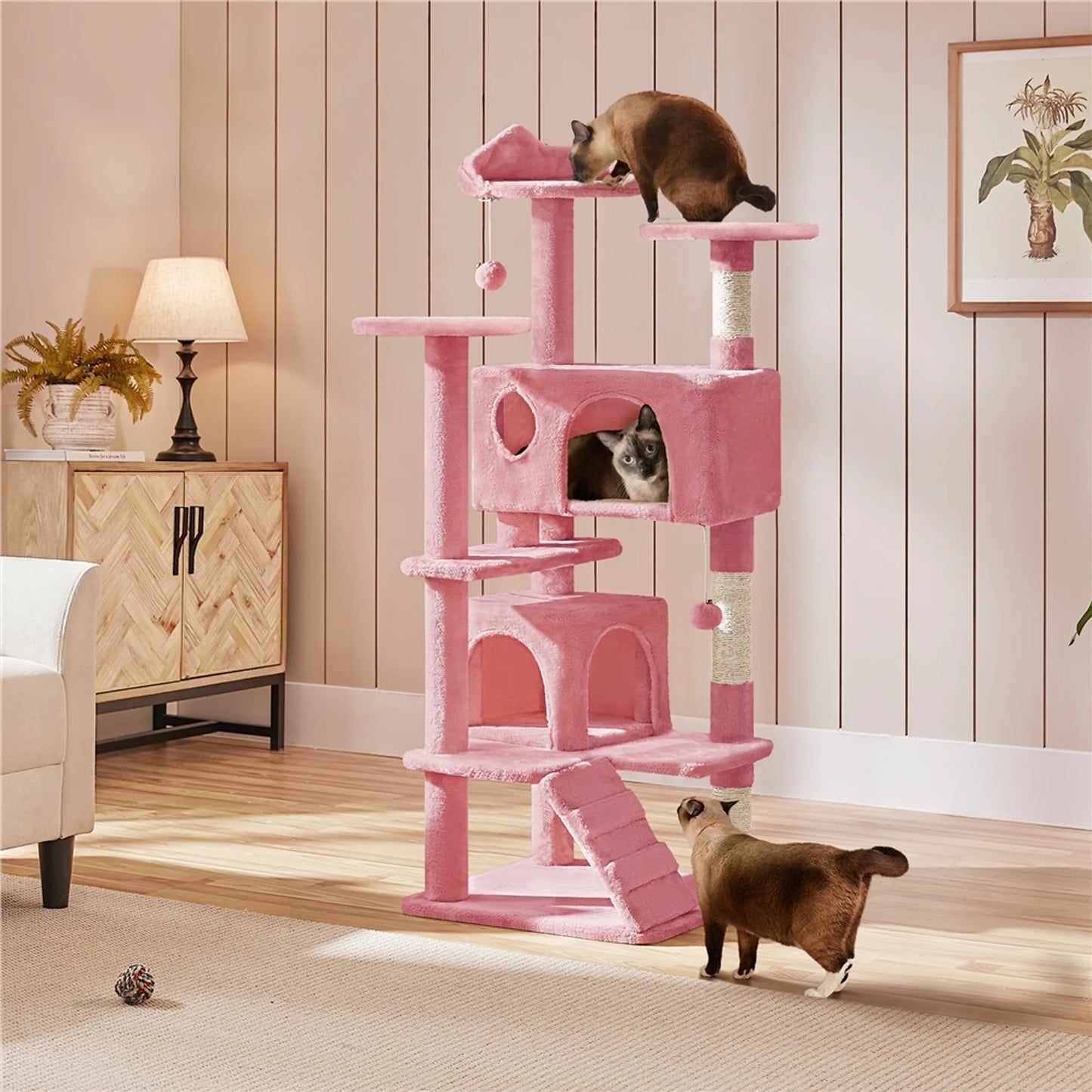Yaheetech Krabpaal Met 3 Uitkijkplatforms – Voorzien Van 2 Kattenmanden En Sisalpalen En Speelbal Met Belletje – Voor Huishoudens Met Meerdere Katten – Roze Pluche En E1 Spaanplaat – 49 x 49 x 139 cm