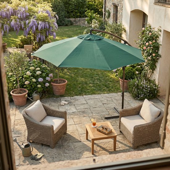 AXI Dion Zweefparasol Ø 300cm Eikenlook/groen – Gepoedercoat frame met kruisvoet