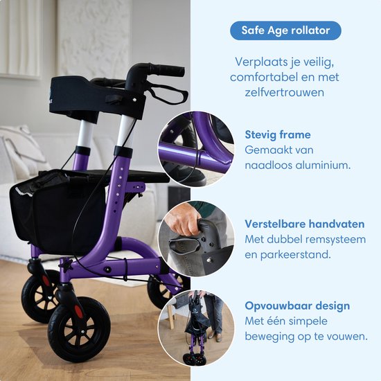 Safe Life® Rollator lichtgewicht en opvouwbaar - Rubberen wielen - zitfunctie - voor binnen en buiten - Rugleuning en wandelstok houder - Paars