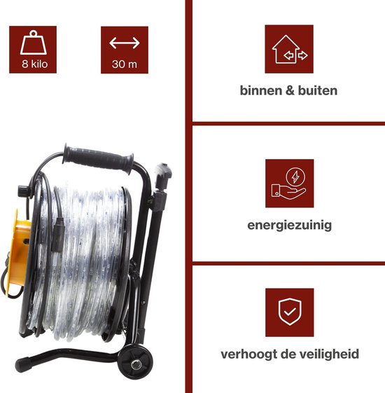 HQ-Power Flexibele led-lichtslang op haspel, 6500 °K, 2850 lm, perfect voor het verlichten van bouwwerven, traphallen, liftschachten enz., geschikt voor gebruik binnen- en buitenshuis, 30 m, koud wit