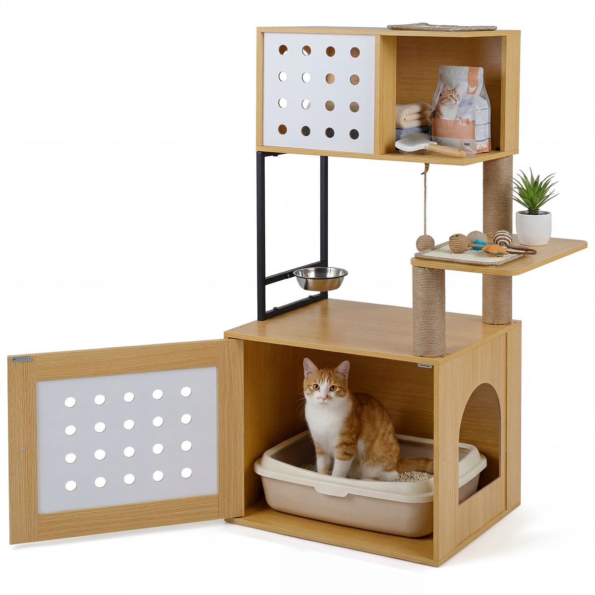 Coast Krabpaal met kattenbakmeubel - kattenboom met meerdere verdiepingen - naturel - 117,5 cm