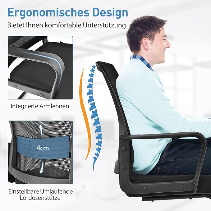 Coast Vergaderstoel Zwart – Ergonomische Bezoekersstoel met Mesh Rugleuning, Armleuningen en Verstelbare Lendensteun
