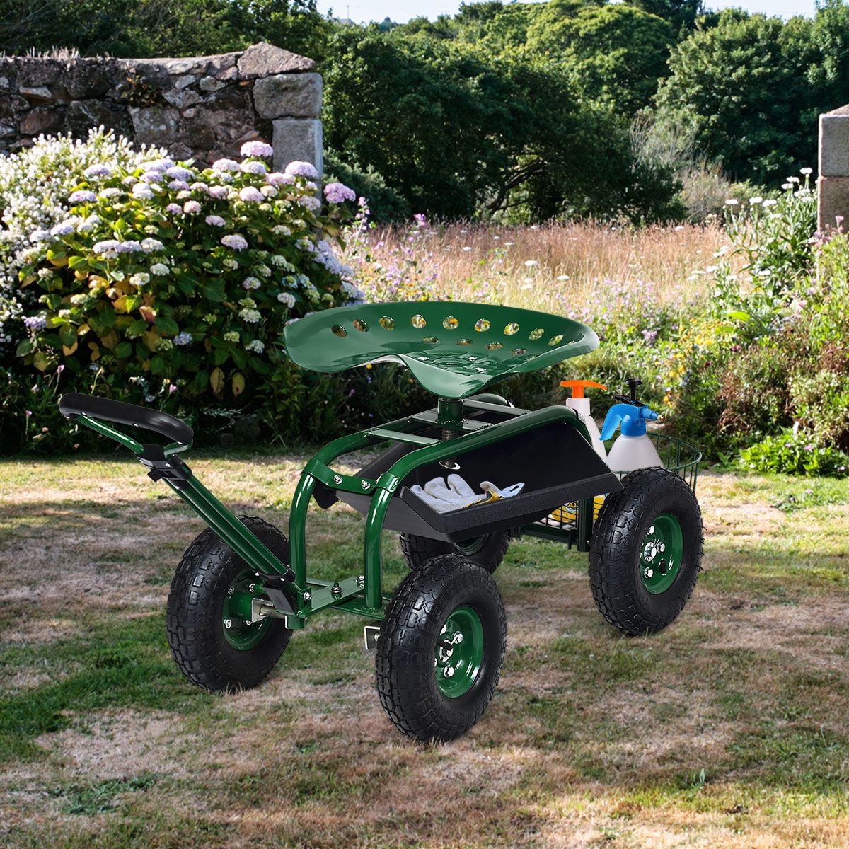 Coast Tuinwagen met verstelbaar handvat - ergonomische zitting - opbergmand en gereedschapsbakken - groen