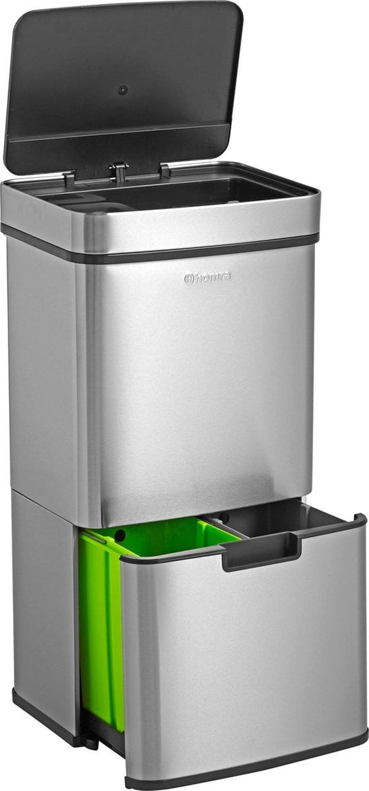 Homra Nexo Sensor Prullenbak – 72L Afvalscheiding (2x12L + 48L) – RVS – Automatisch Openend  – 31.5 x 42 x 82.5 cm -grijs