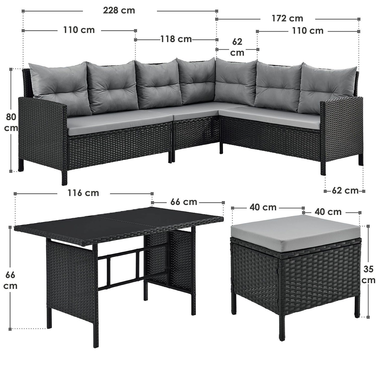 Manacor Polyrotan Loungeset - Zwart - 7-persoons - Met Kussens