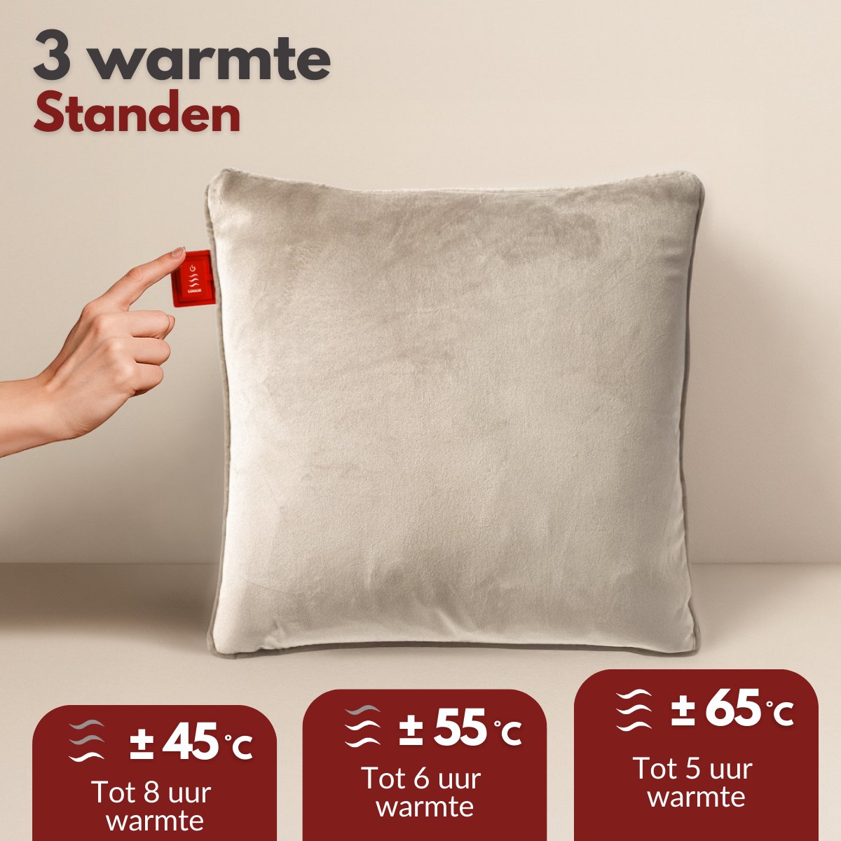 Coozie Oplaadbaar Warmtekussen 45x45 cm – Draadloos & Bedraad – 3 Warmtestanden (45–65°C) – Velvet Beige – Incl. 10.000 mAh Powerbank