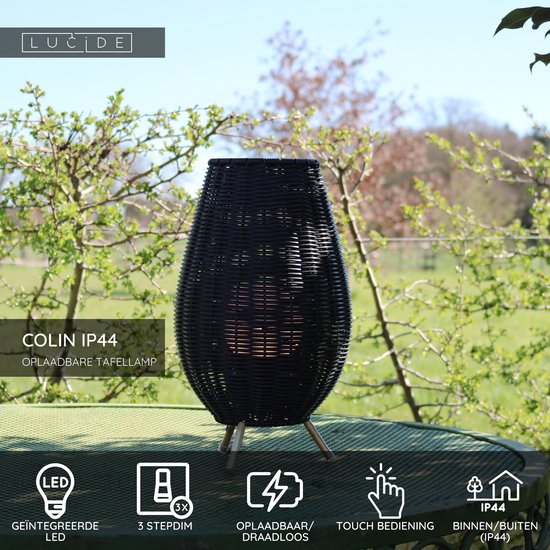 Lucide COLIN IP44 - Oplaadbare Tafellamp Binnen/Buiten - Accu/Batterij - LED 3 StepDim - 1x3W 3000K - IP44 - Zwart - Japandi