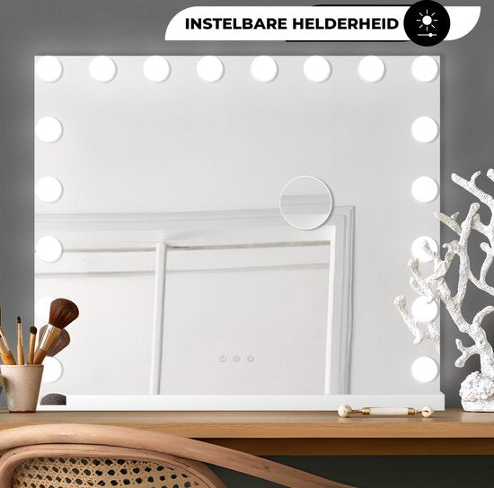 Bayt Hollywood Spiegel met Verlichting - Make Up Spiegel met Verlichting - Spiegel met Verlichting - Hollywood Spiegel 80x60 - Dimbaar - 10x Vergroting - 80x60cm - Wit