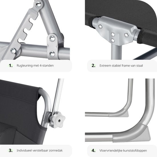 Tectake - Ligstoel - Stalen frame met schuifdak - robuuste, 4-voudig verstelbare rugleuning inclusief kussen - Ideaal voor tuin, zwembad, camping - Zwart