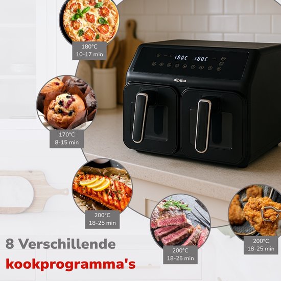 alpina Dubbele Airfryer XXL - Heteluchtfriteuse 2x4L - Air Fryer met Digitaal Touchscreen - Heteluchtoven voor 6 Personen en Meer - 8 Kookprogramma's - Sync-Modus - Timer Functie