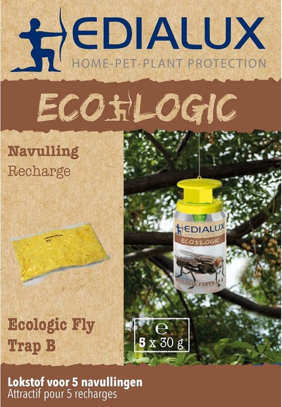 Edialux Vliegenval navulling met wateroplosbare lokstof, natuurlijke vliegenlokker, milieuvriendelijke insectenval navulling voor buitengebruik, herbruikbare navulling voor tuin, stal en terras, tot 20 weken bescherming