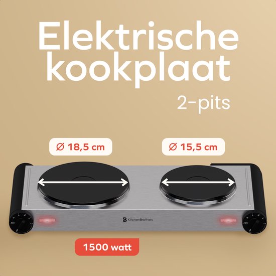 KitchenBrothers Elektrische Kookplaat - 2 Pits - Vrijstaand - 7 temperatuurstanden - 1500W + 1000W - RVS/Zwart
