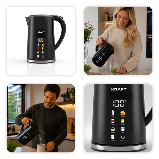 KRAFT Waterkoker met Temperatuurregeling - 1,7 Liter - LED Touch - Zwart - 2200W
