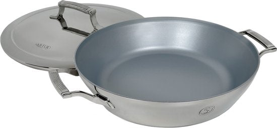 Saveur Selects – Voyage serie - Hapjespan 30 cm - met deksel - Antikleefpan - Tri-ply RVS - Geschikt voor Inductie en alle andere warmtebronnen - Ovenbestendig tot 260°C – Vaatwasserbestendig - 100 %