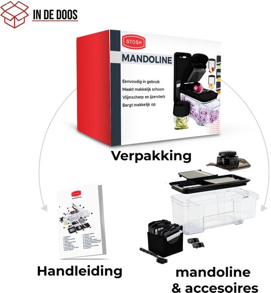 Stosh Mandoline - Groentesnijder - Uiensnijder - Spiraalsnijder - Frietsnijder - Rasp - 6-delig - Zwart - RVS - BPA vrij