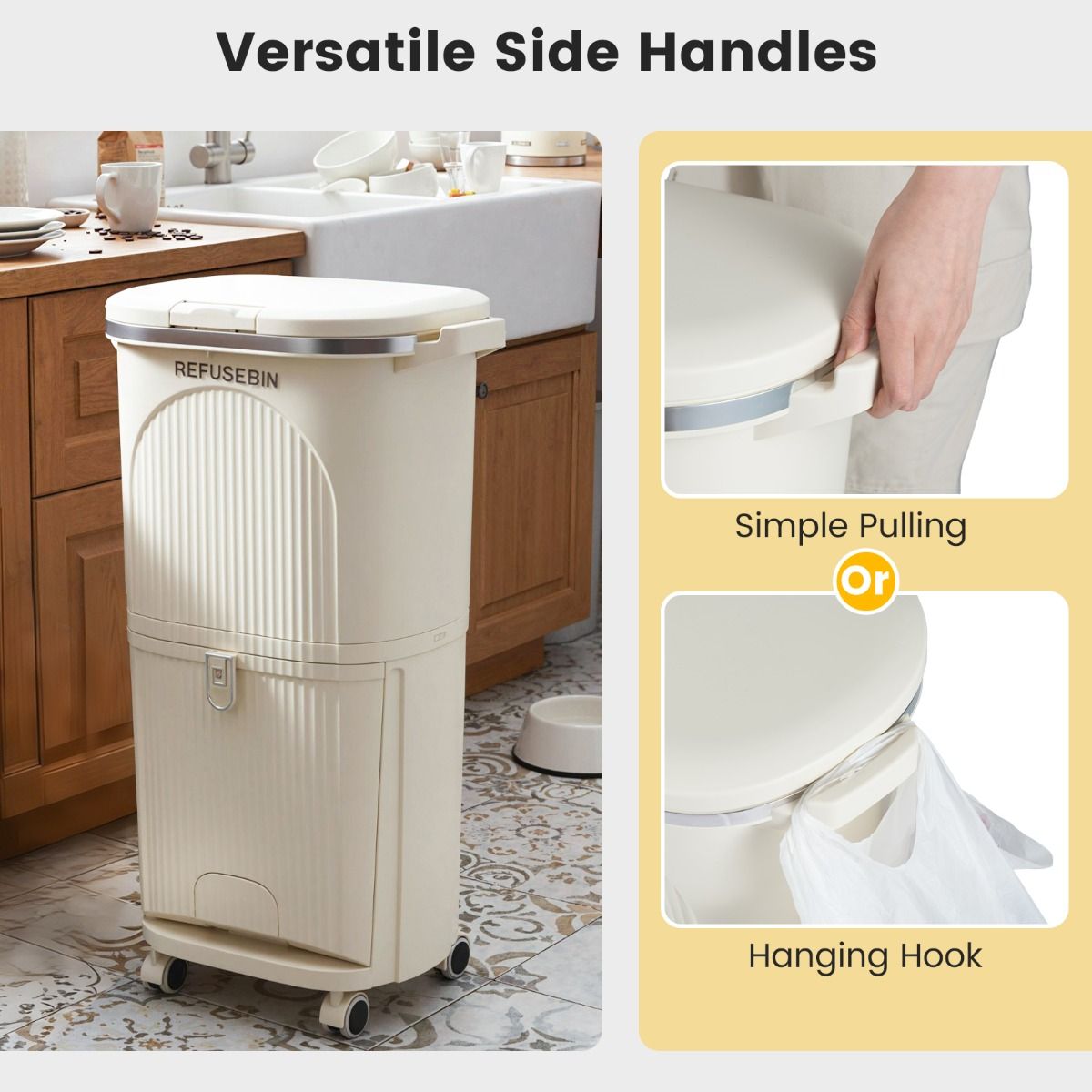 Coast Afvalscheidingsprullenbak op Wielen - 3 Compartimenten - Pedaal en Drukknop - Beige - 38 Liter