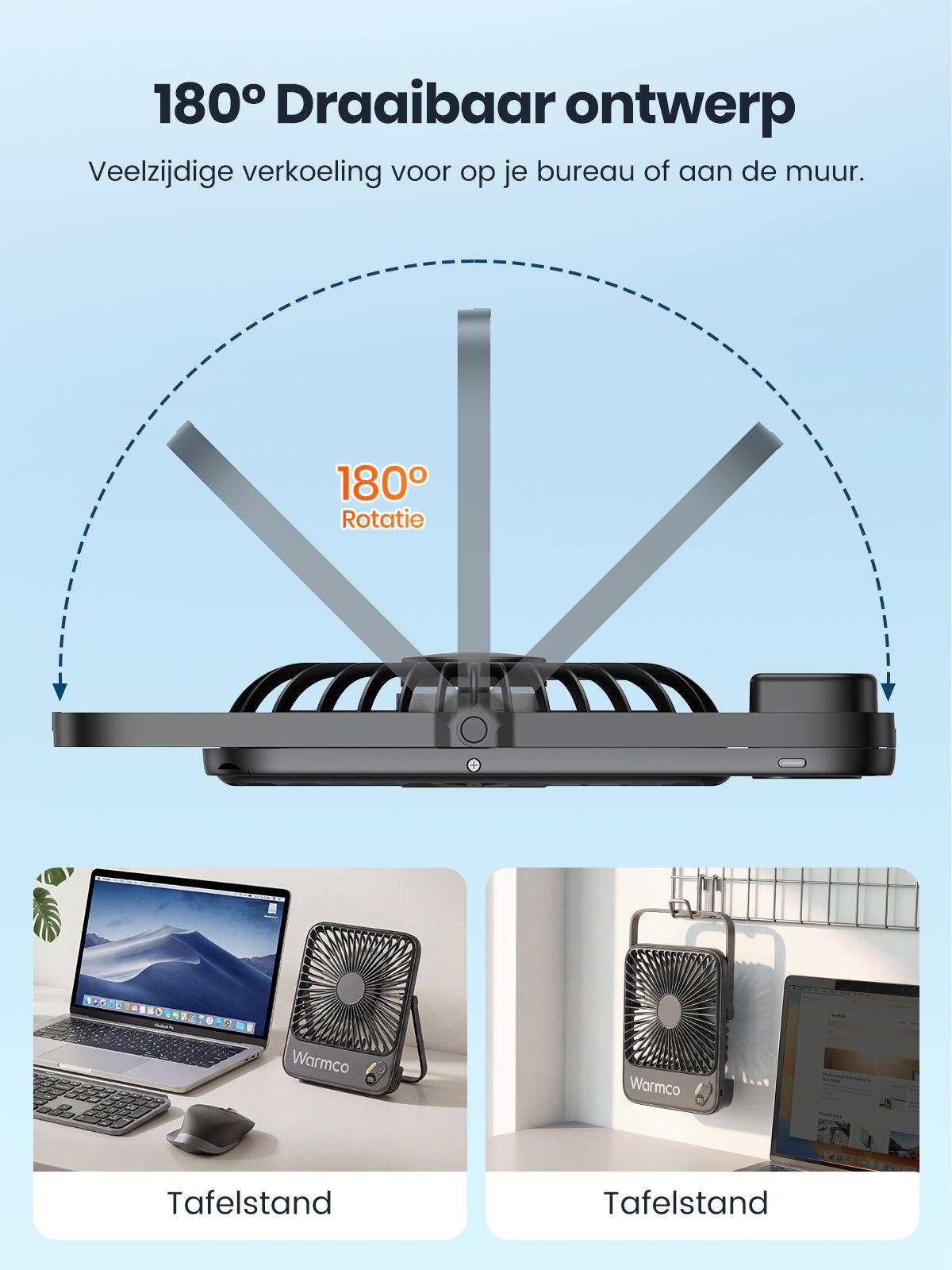 Warmco D3 draagbare ventilator - 7 inch - 10000 mAh