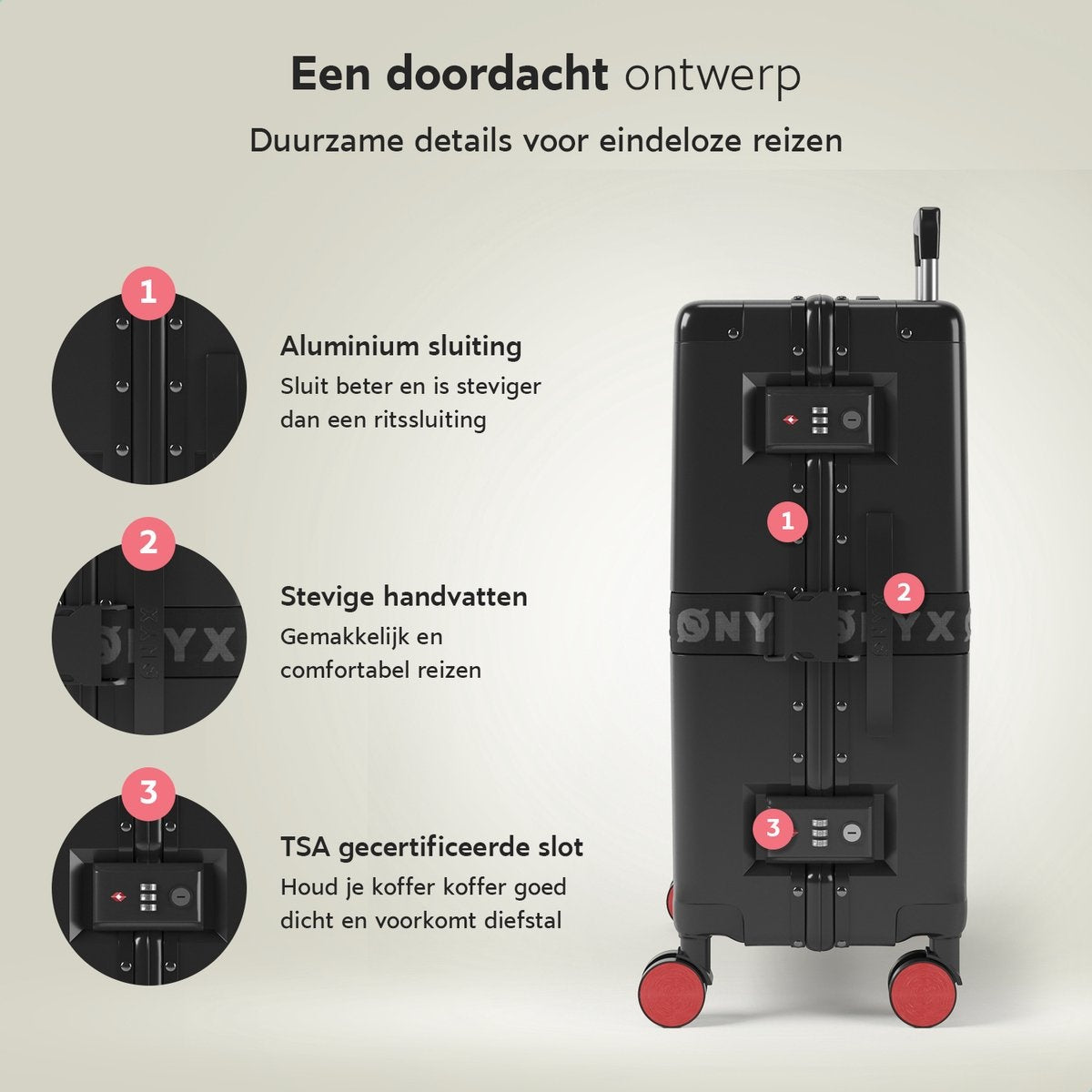 ONYX Check-in Koffer 65L - TSA slot - Spinner wielen - Lichtgewicht Trolley - Aluminium sluiting - Zwart