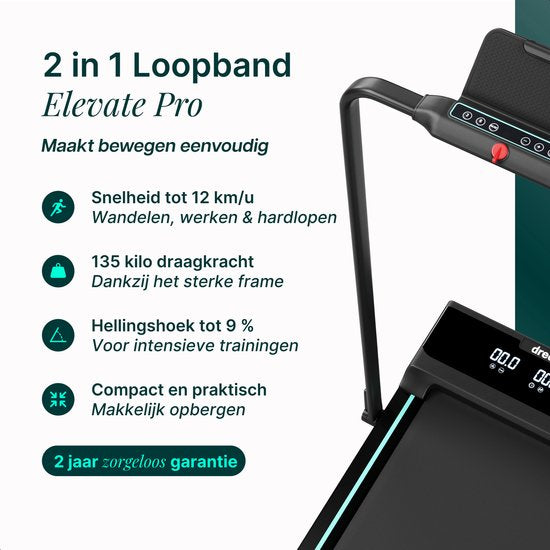 Dreaver Elevate Pro - 2 in 1 Loopband Inklapbaar 12KM/U met 9% Hellingsfunctie - Inclusief App & Accessoires - Hardloopband - Treadmill - Wandelband - Walking pad - Voor Thuis