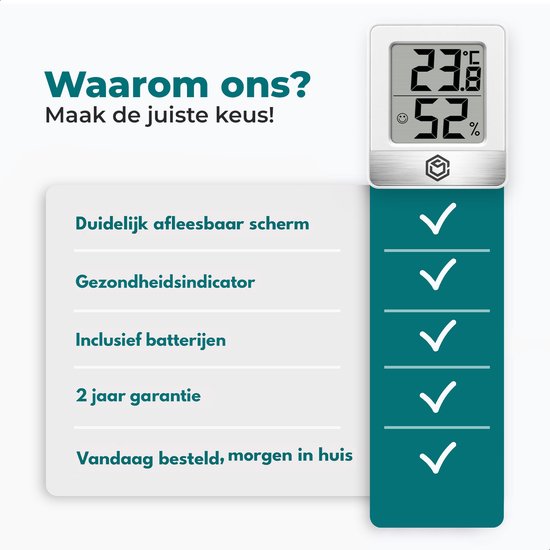 Ease Electronicz Hygrometer - Luchtvochtigheidsmeter - Digitaal Weerstation - Vochtigheidsmeter - Thermometer voor Binnen - Inclusief batterij