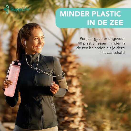 Supplife Bidon - 1 Liter - met Rietje - Motivatie - Sportbidon - BPA Vrij - Rose Goud