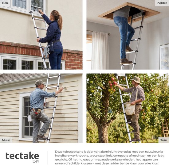 tectake® Telescoopladder met 13 Sporten - Vouwladder - 3,85 Meter - Soft Close - Anti Slip - Uitschuifbare Telescopische Ladder - Trapladder - Lichtgewicht Aluminium Trap - Betrouwbare Vergrendeling