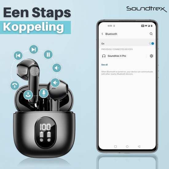 Soundtrex X-Pro Draadloze oordopjes - Bluetooth Oordopjes - Oortjes draadloos - Earpods - LED Display - Bluetooth 5.3 - Zwart
